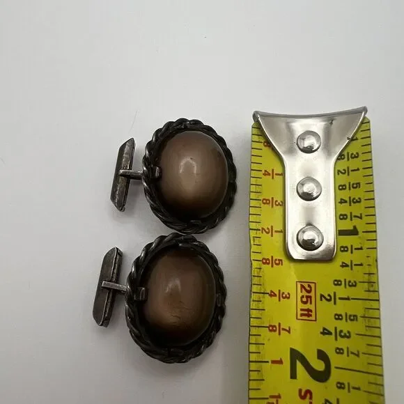 Vintage Ed Harris Sterling Silver Tigers Eye Agate Modernist Handmade Cufflinks - Picture 8 of 9